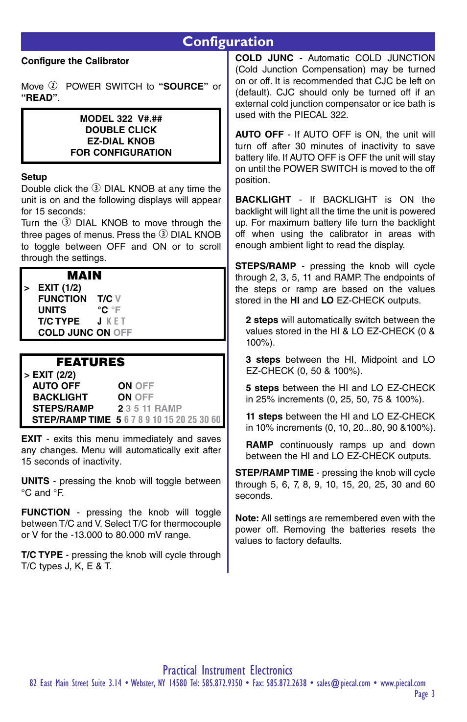 Practical instrument electronics, Configuration, Main | Features | Practical Instrument Electronics 322-1 User Manual | Page 3 / 8