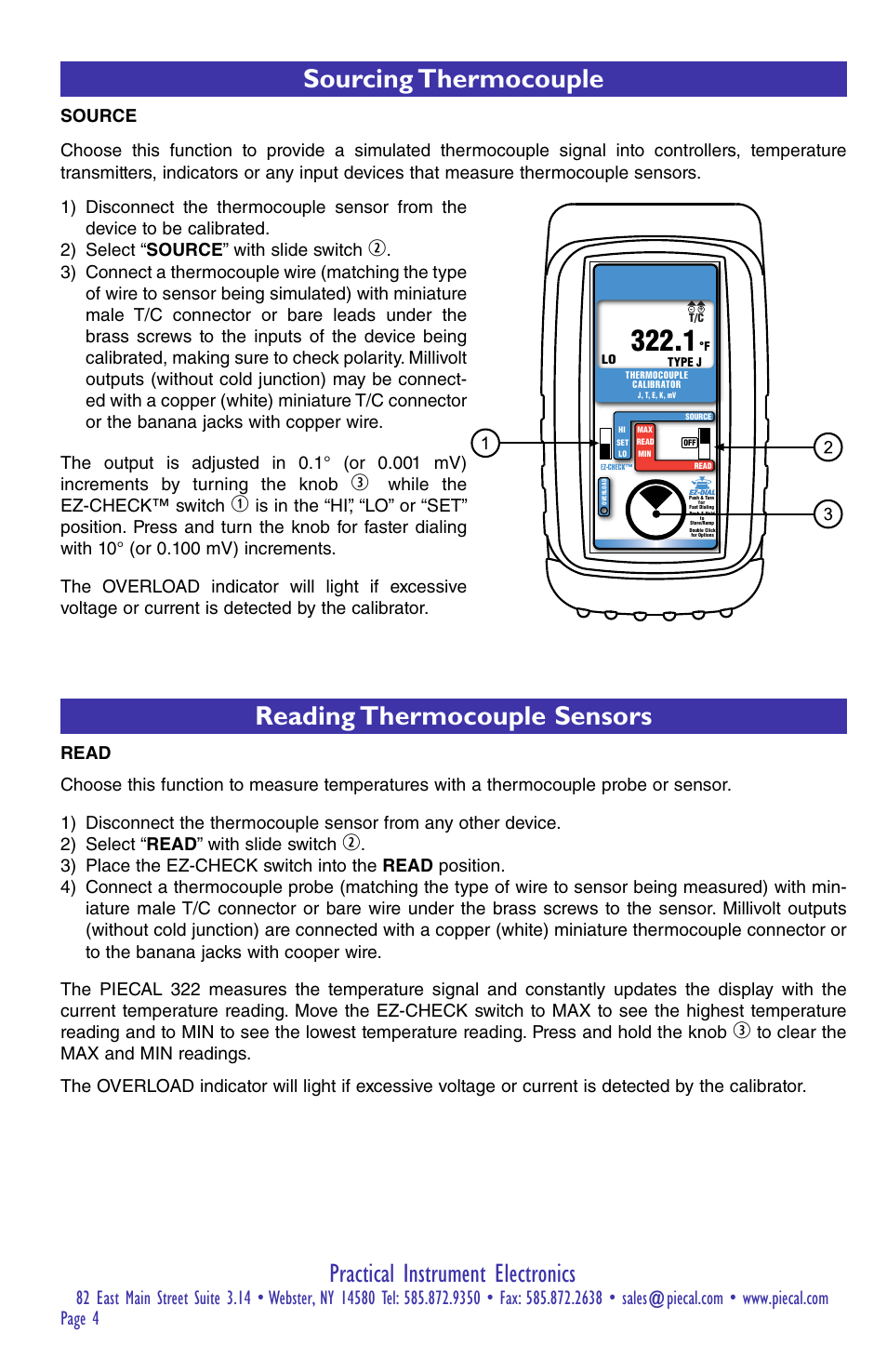 Practical instrument electronics, Sourcing thermocouple, Reading thermocouple sensors | Page 4, While the ez-check™ switch | Practical Instrument Electronics 322-1 User Manual | Page 4 / 8