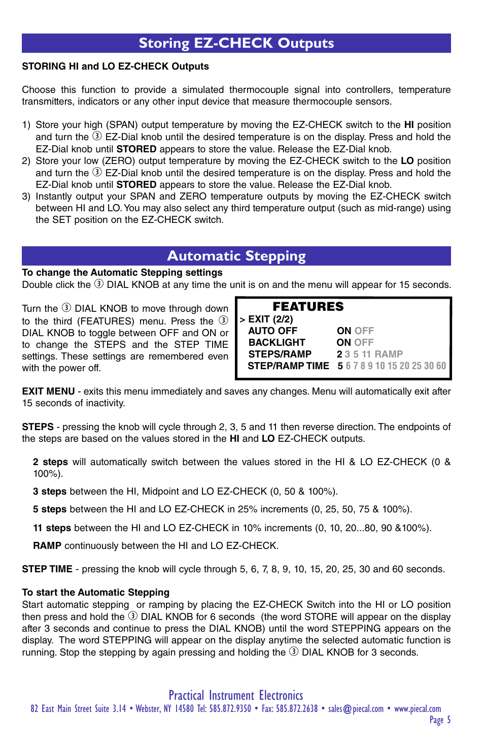 Practical instrument electronics, Automatic stepping storing ez-check outputs, Features | Practical Instrument Electronics 322-1 User Manual | Page 5 / 8