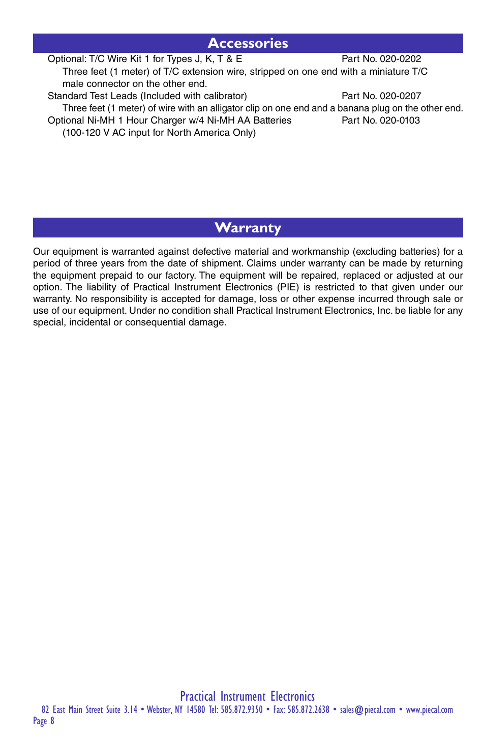 Practical instrument electronics, Accessories, Warranty | Practical Instrument Electronics 322-1 User Manual | Page 8 / 8