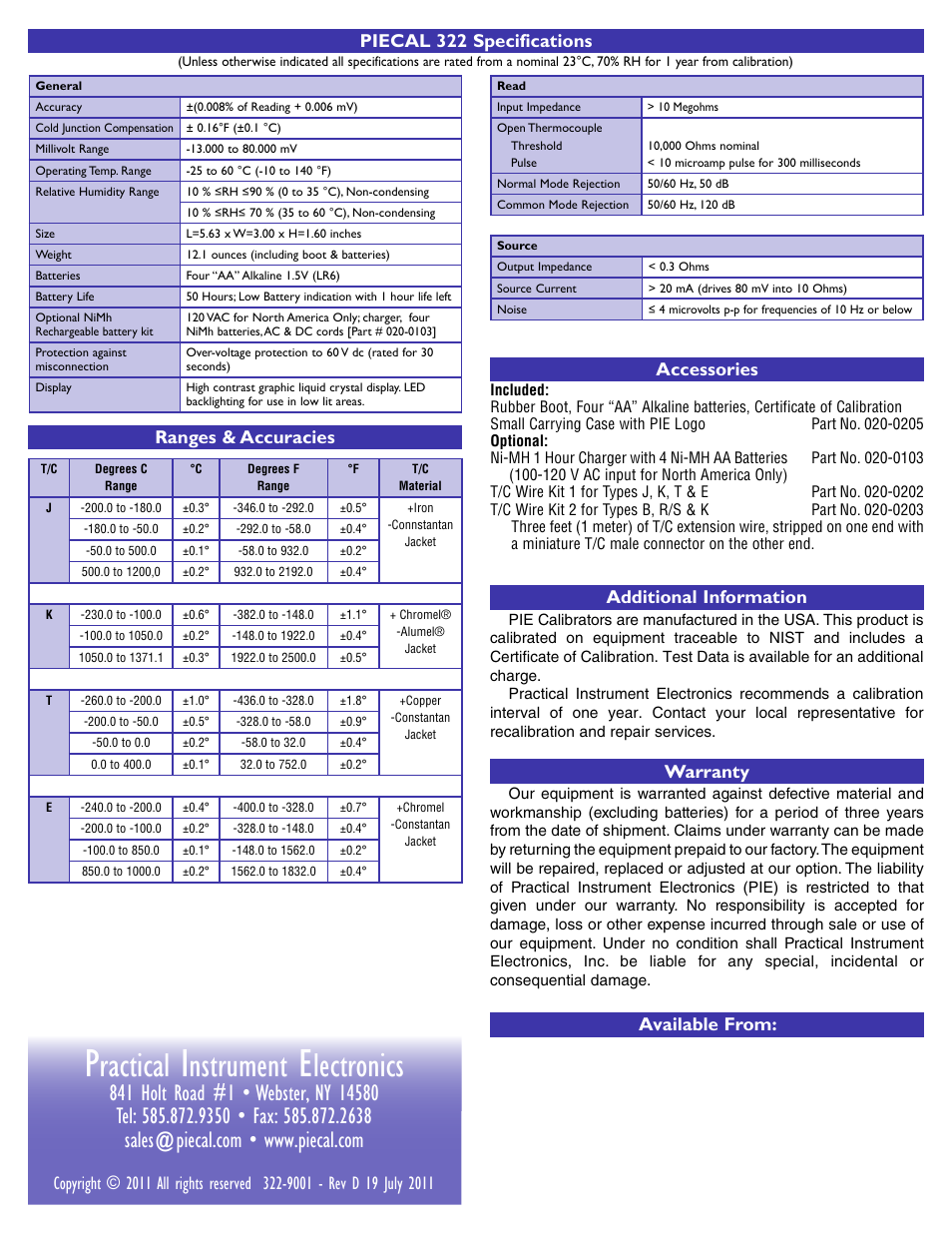 Ractical, Nstrument, Lectronics | Ranges & accuracies, Accessories, Warranty, Additional information, Available from | Practical Instrument Electronics 322-1 (2014) User Manual | Page 2 / 2
