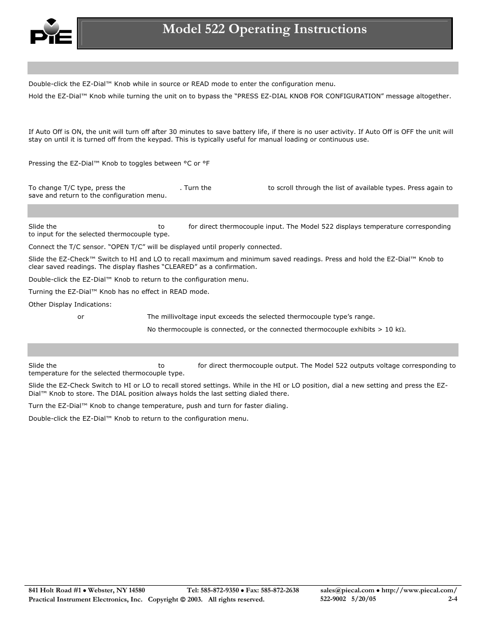 Model 522 configuration menu, Auto off on/off, Display units °c/°f | T/c b, e, j, k, n, r, s, t, or mv, Model 522 operating instructions, Model 522 configuration, Read mode, Source mode | Practical Instrument Electronics 522 Rev C User Manual | Page 2 / 4