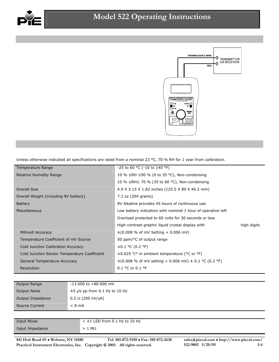 General specifications, Model 522 operating instructions, Connection diagram | Specifications | Practical Instrument Electronics 522 Rev C User Manual | Page 3 / 4