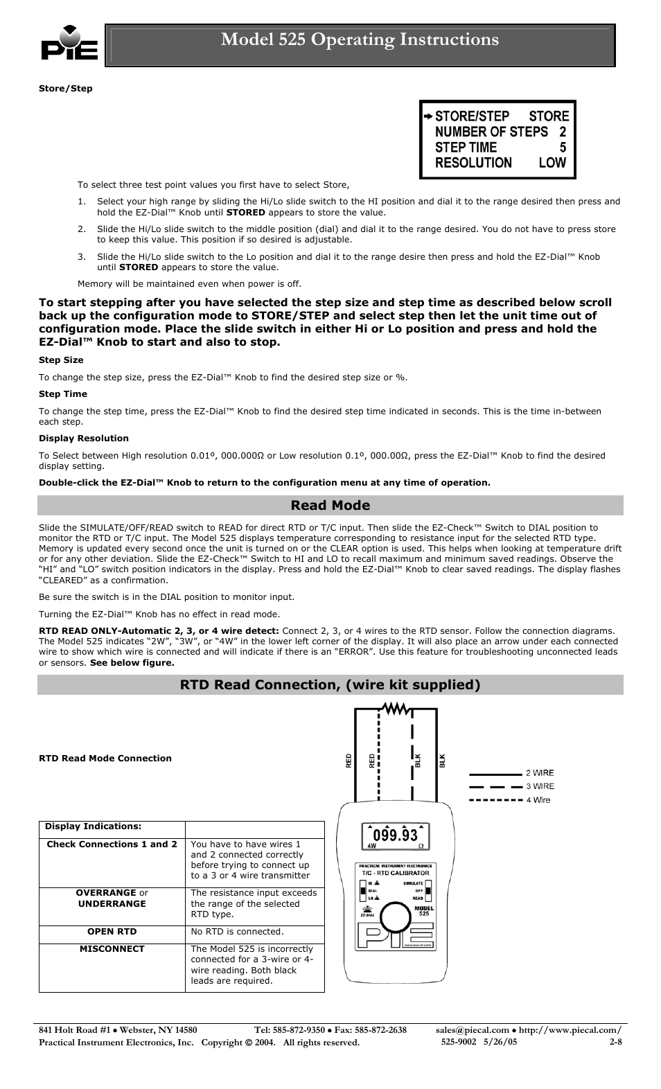 Model 525 operating instructions, Read mode, Rtd read connection, (wire kit supplied) | Practical Instrument Electronics 525 Rev F User Manual | Page 2 / 8