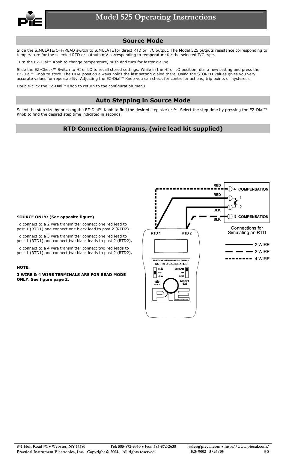 Model 525 operating instructions, Source mode, Auto stepping in source mode | Rtd connection diagrams, (wire lead kit supplied) | Practical Instrument Electronics 525 Rev F User Manual | Page 3 / 8