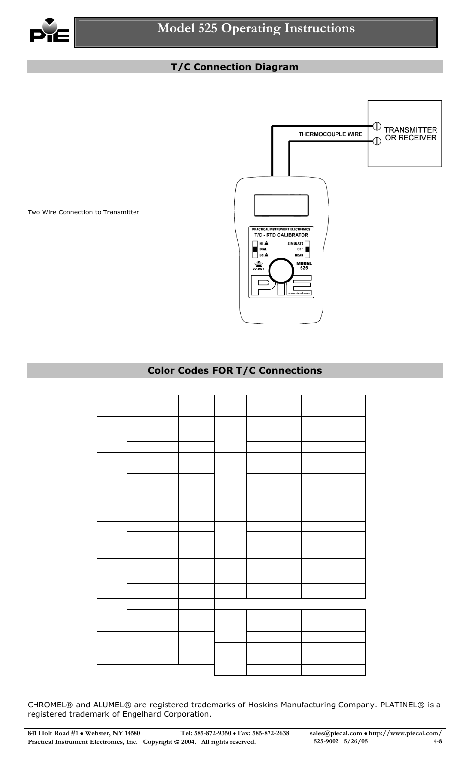 Model 525 operating instructions, T/c connection diagram, Color codes for t/c connections | Practical Instrument Electronics 525 Rev F User Manual | Page 4 / 8