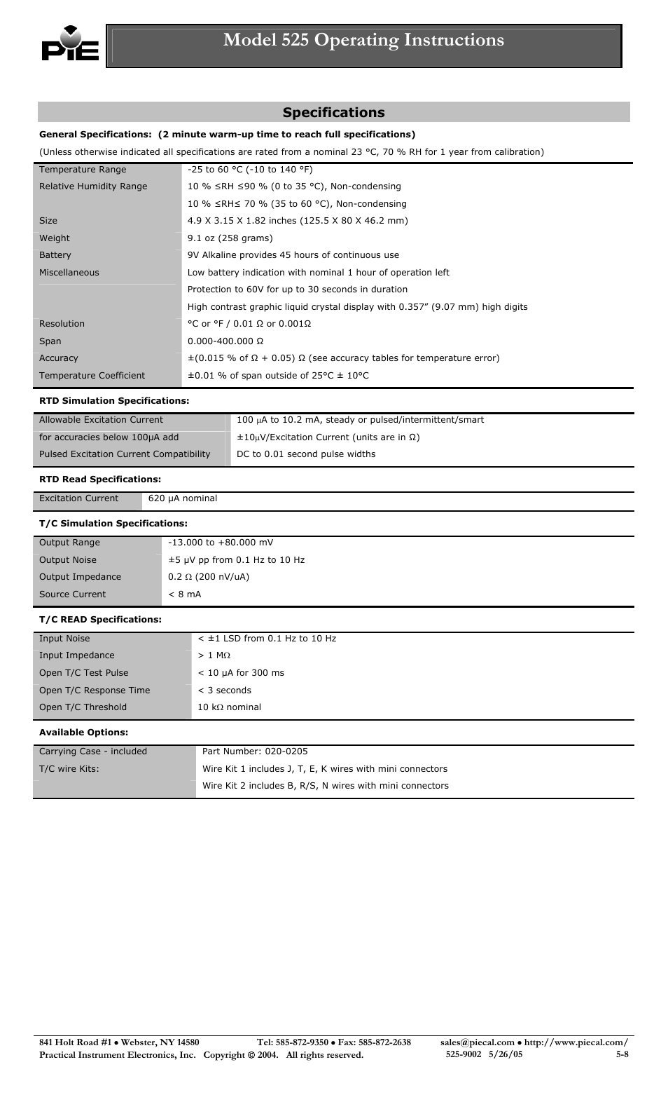 Rtd simulation specifications, Rtd read specifications, Model 525 operating instructions | Specifications | Practical Instrument Electronics 525 Rev F User Manual | Page 5 / 8