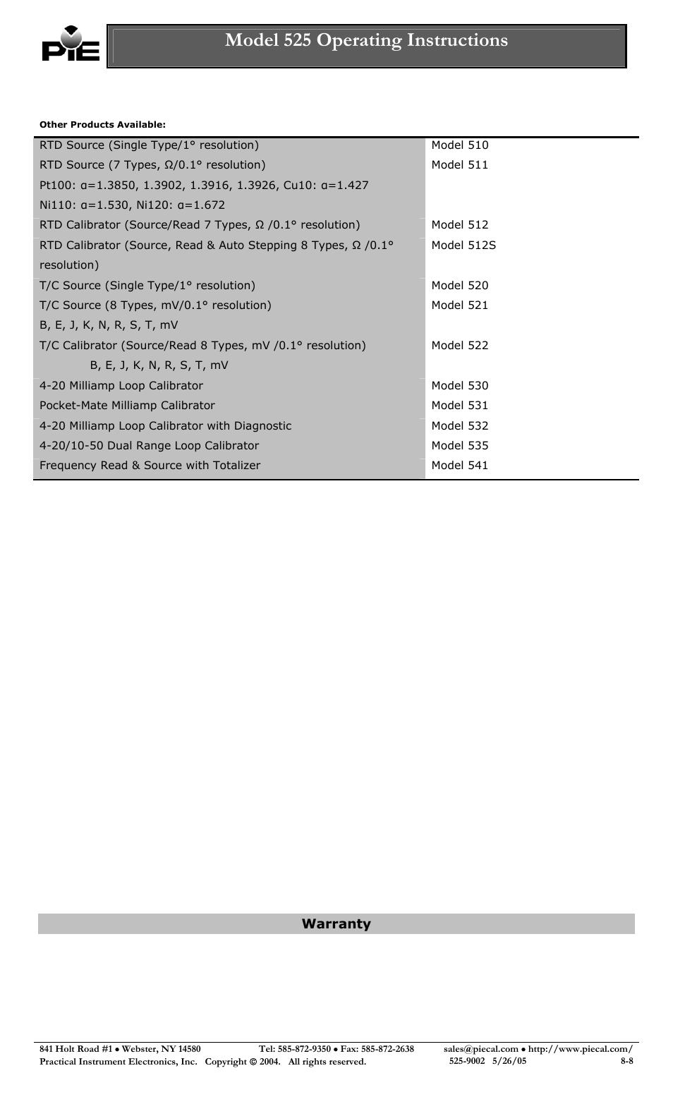 Other products available, Model 525 operating instructions, Warranty | Practical Instrument Electronics 525 Rev F User Manual | Page 8 / 8