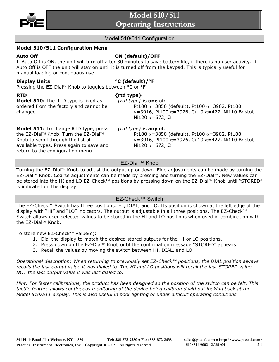 Model 510/511 configuration menu, Auto offon (default)/off, Display units°c \(default\)/°f | Rtd{rtd type | Practical Instrument Electronics 510 User Manual | Page 2 / 4