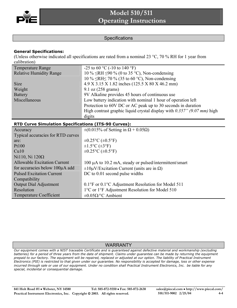 General specifications | Practical Instrument Electronics 510 User Manual | Page 4 / 4
