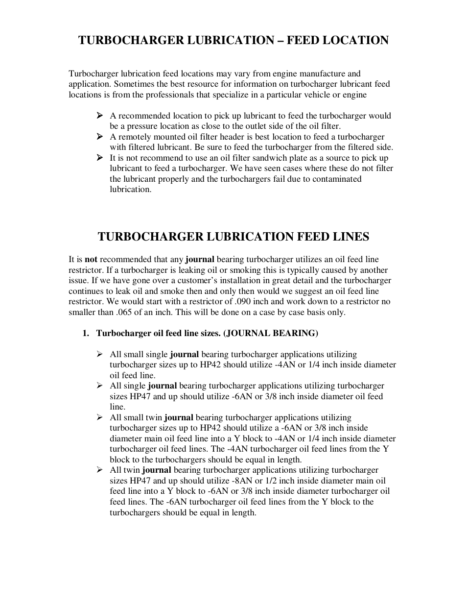 Turbocharger lubrication – feed location, Turbocharger lubrication feed lines | Precision Turbo and Engine Turbocharger Installation Recommendations User Manual | Page 3 / 5
