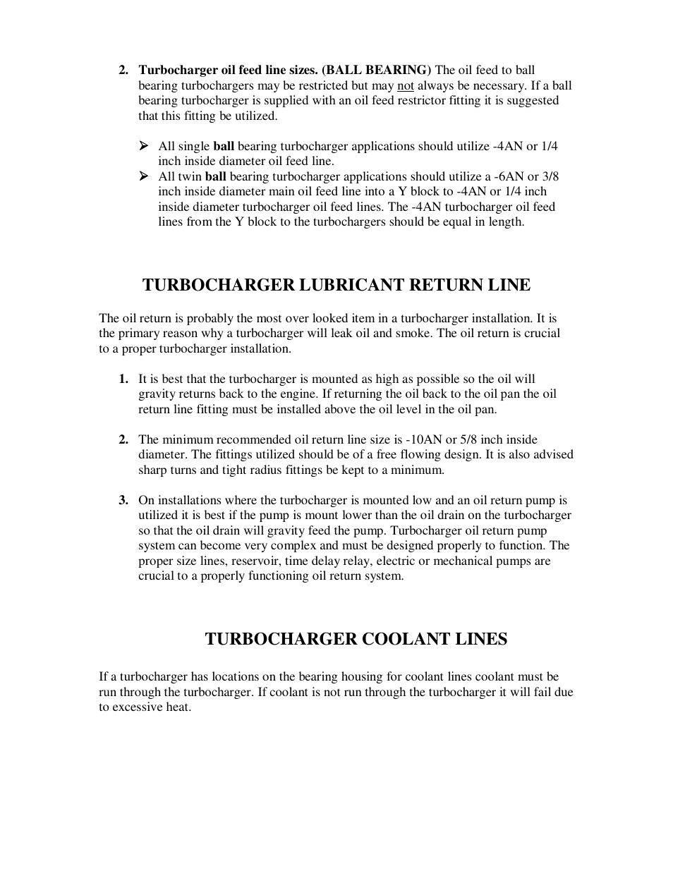 Turbocharger lubricant return line, Turbocharger coolant lines | Precision Turbo and Engine Turbocharger Installation Recommendations User Manual | Page 4 / 5