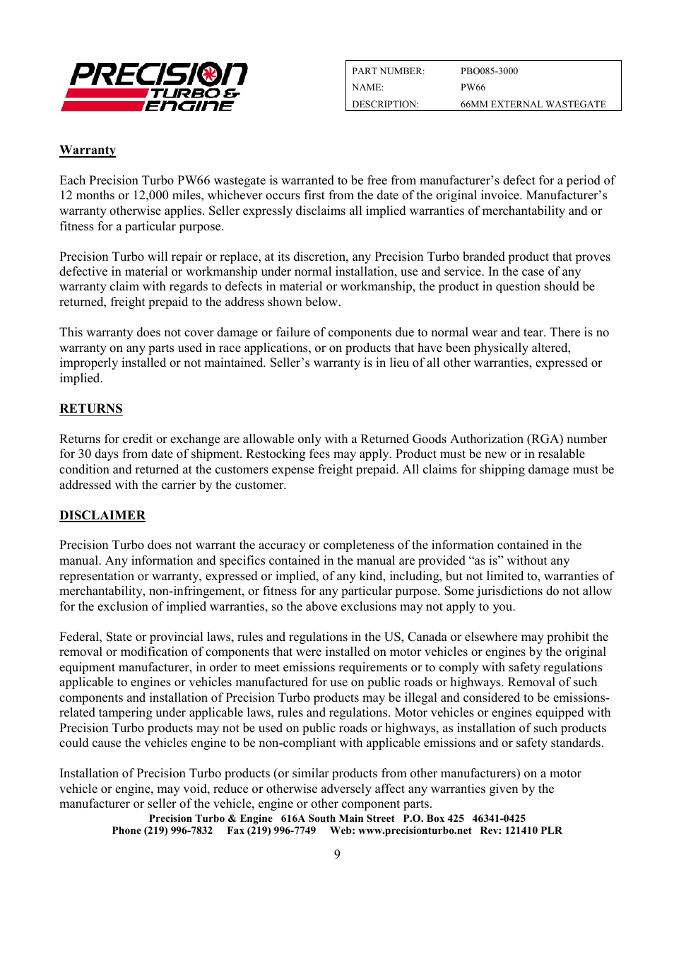 Precision Turbo and Engine Precision Turbo & Engine PW66 Wastegate User Manual | Page 9 / 9