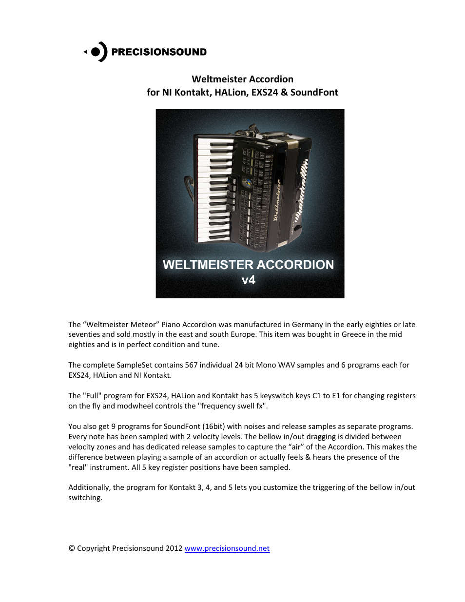 Precisionsound Weltmeister Accordion User Manual | 4 pages