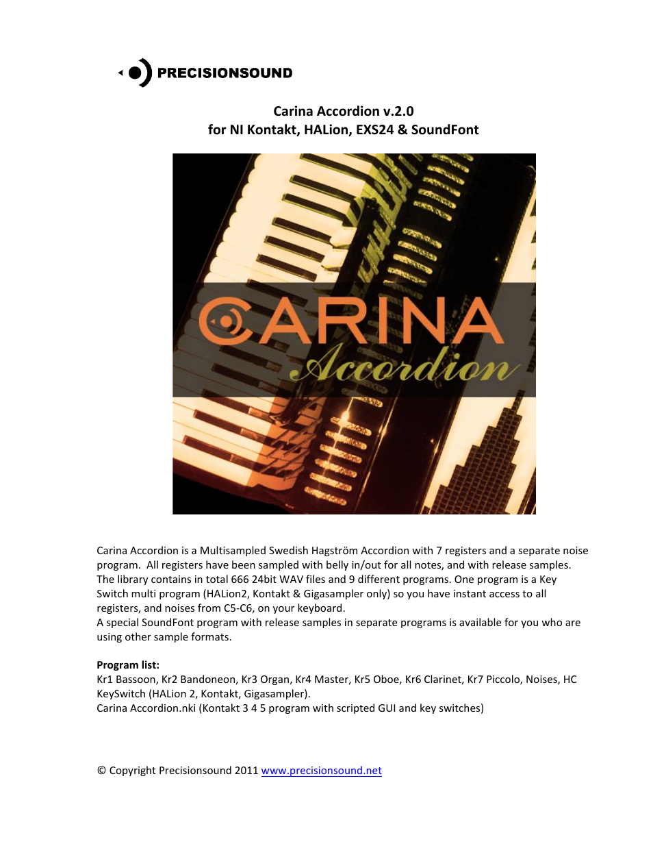 Precisionsound Carina Accordion User Manual | 4 pages