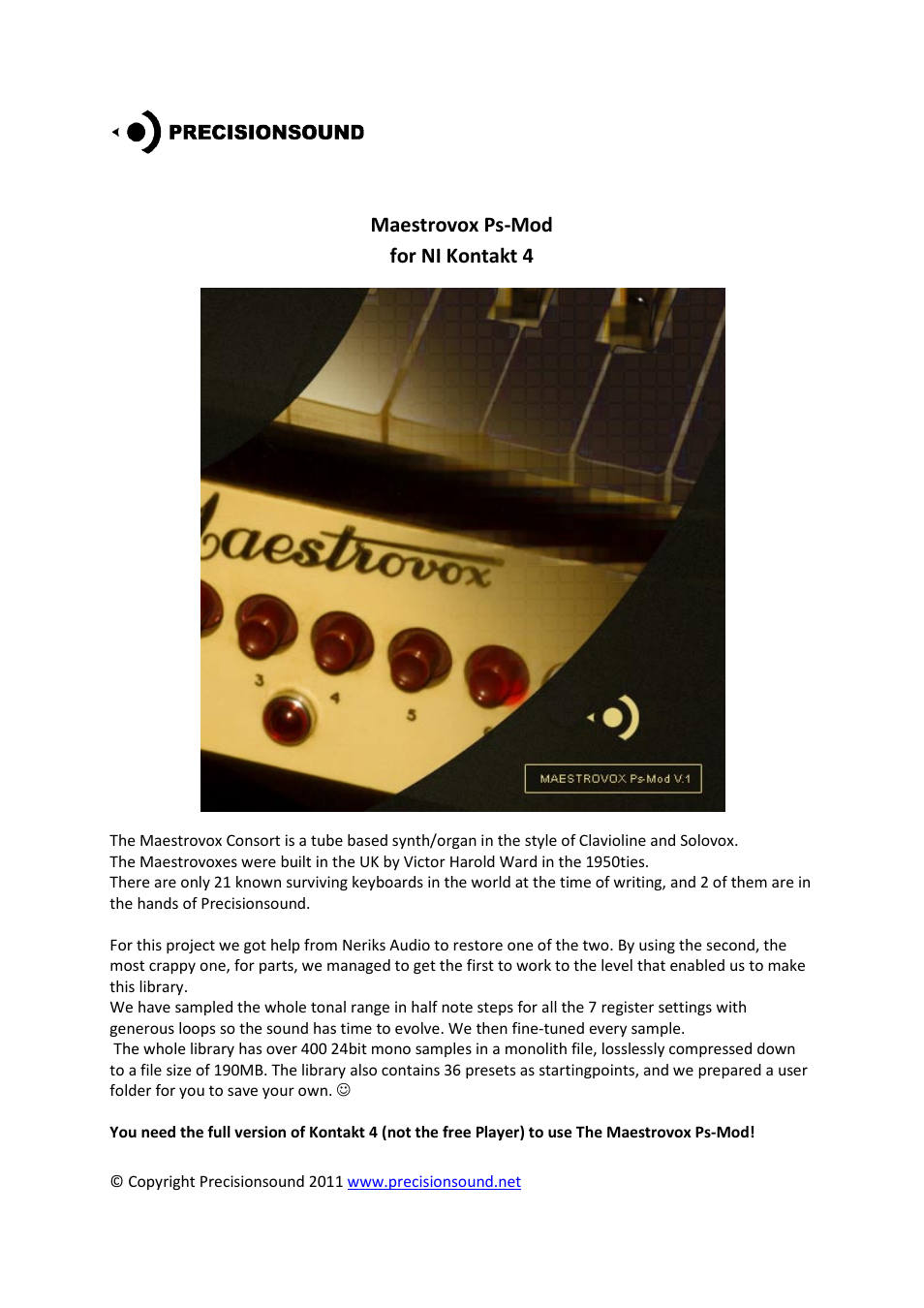 Precisionsound Maestrovox Ps-Mod User Manual | 6 pages