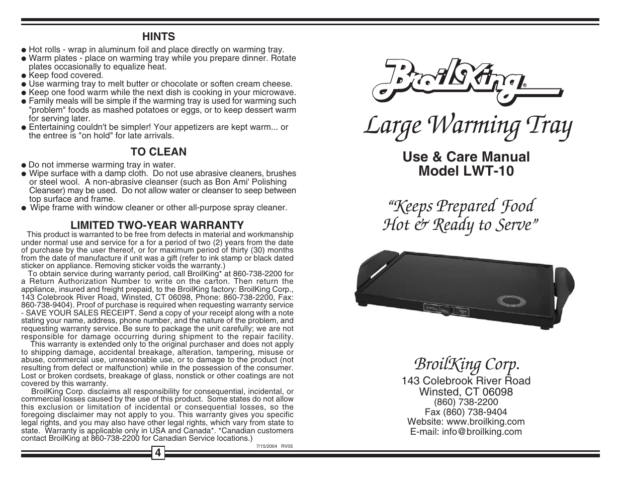 Broil King LWT-10 User Manual | 2 pages