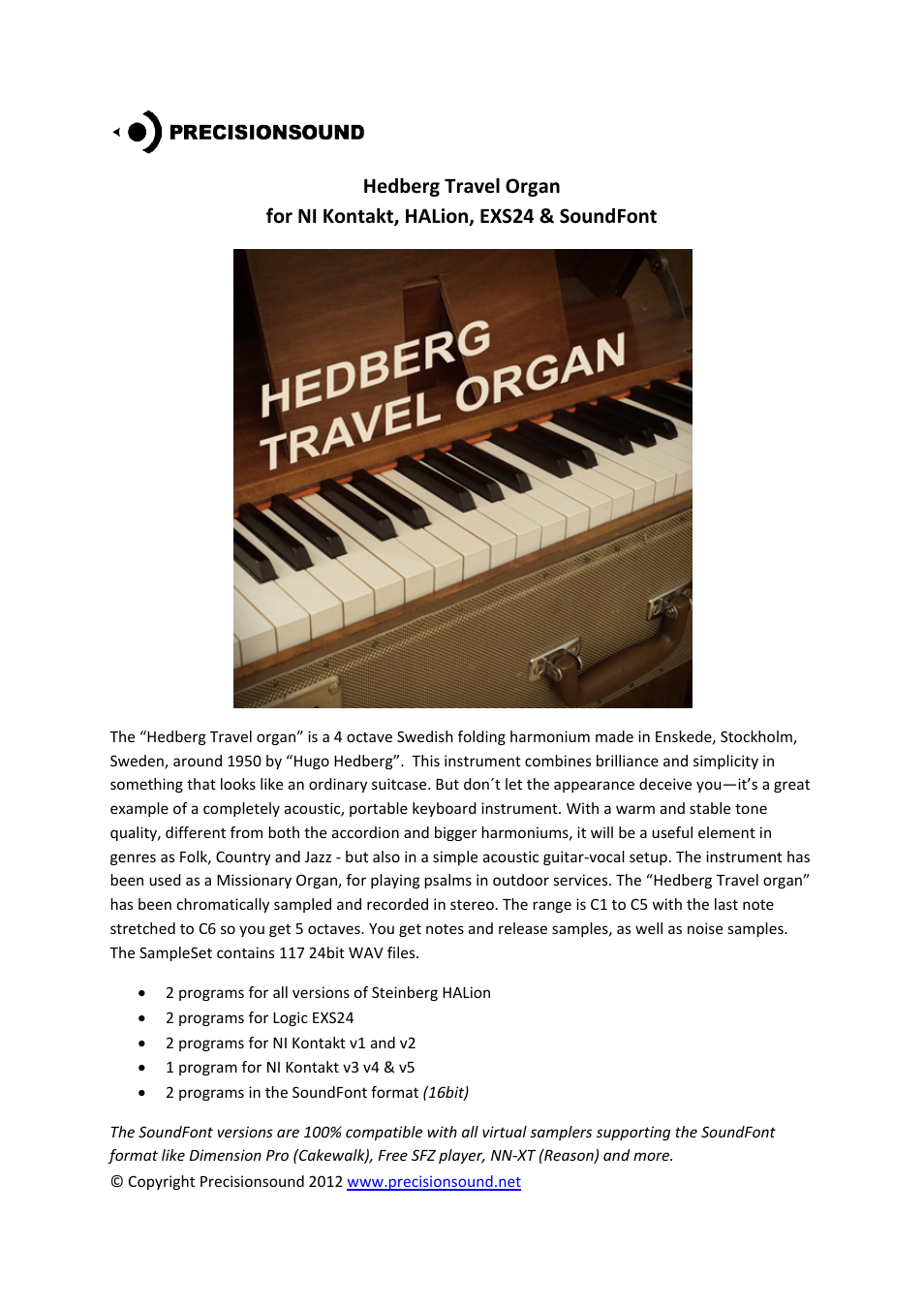 Precisionsound Hedberg TravelOrgan User Manual | 4 pages