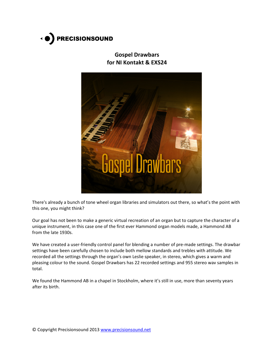 Precisionsound Gospel Drawbars User Manual | 10 pages