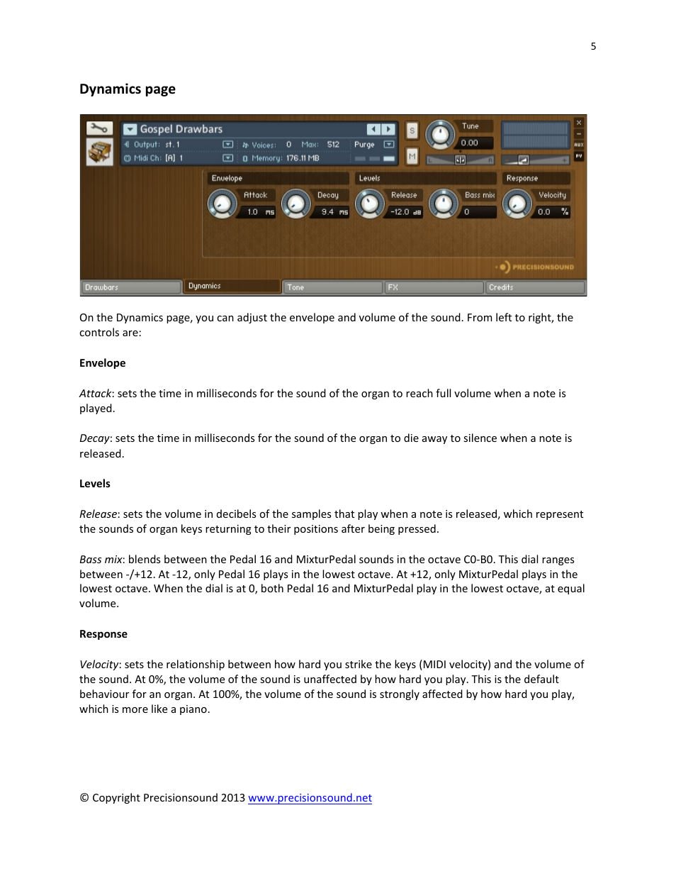 Dynamics page | Precisionsound Gospel Drawbars User Manual | Page 5 / 10