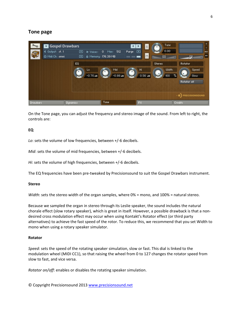 Tone page | Precisionsound Gospel Drawbars User Manual | Page 6 / 10