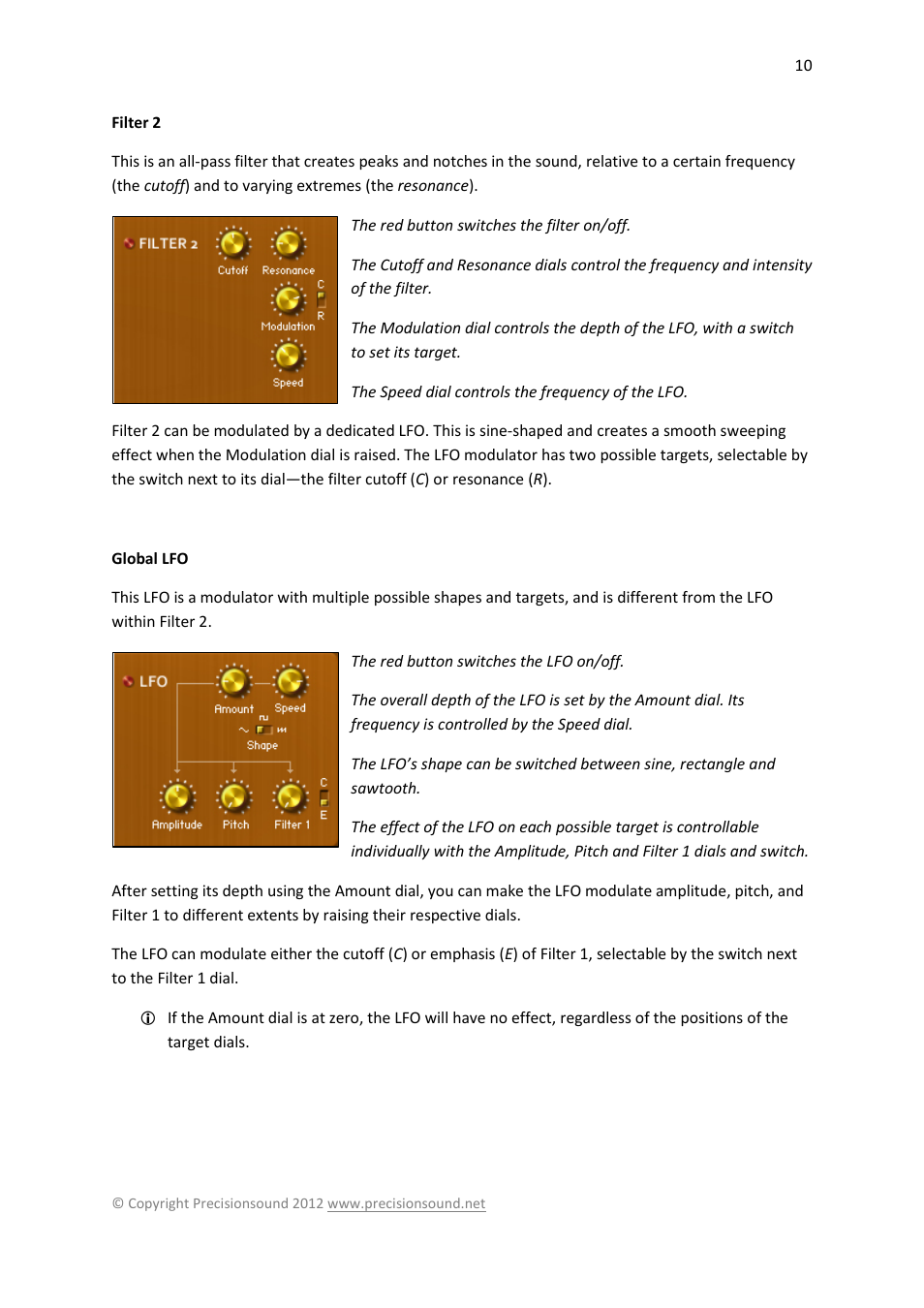 Filter 2, Global lfo, Filter 2 global lfo | Precisionsound Tranzitone User Manual | Page 10 / 19