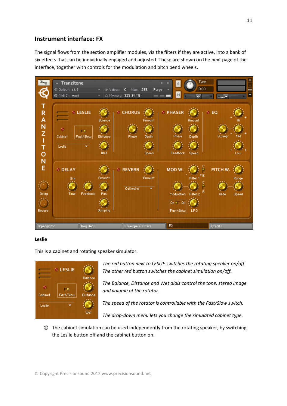 Instrument interface: fx, Leslie | Precisionsound Tranzitone User Manual | Page 11 / 19