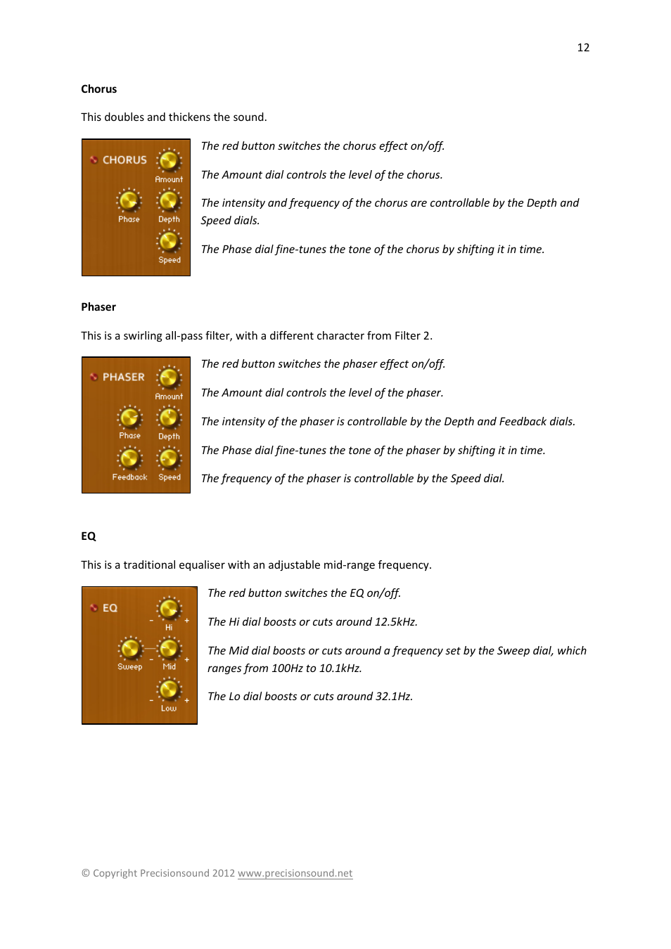 Chorus, Phaser, Chorus phaser eq | Precisionsound Tranzitone User Manual | Page 12 / 19