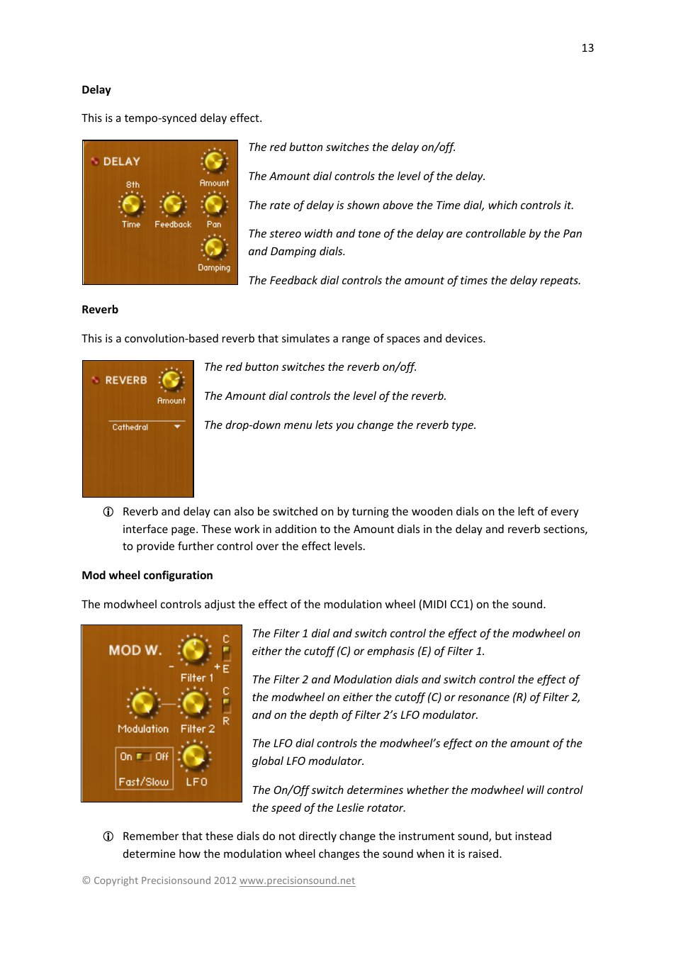 Delay, Reverb, Mod wheel configuration | Delay reverb mod wheel configuration | Precisionsound Tranzitone User Manual | Page 13 / 19