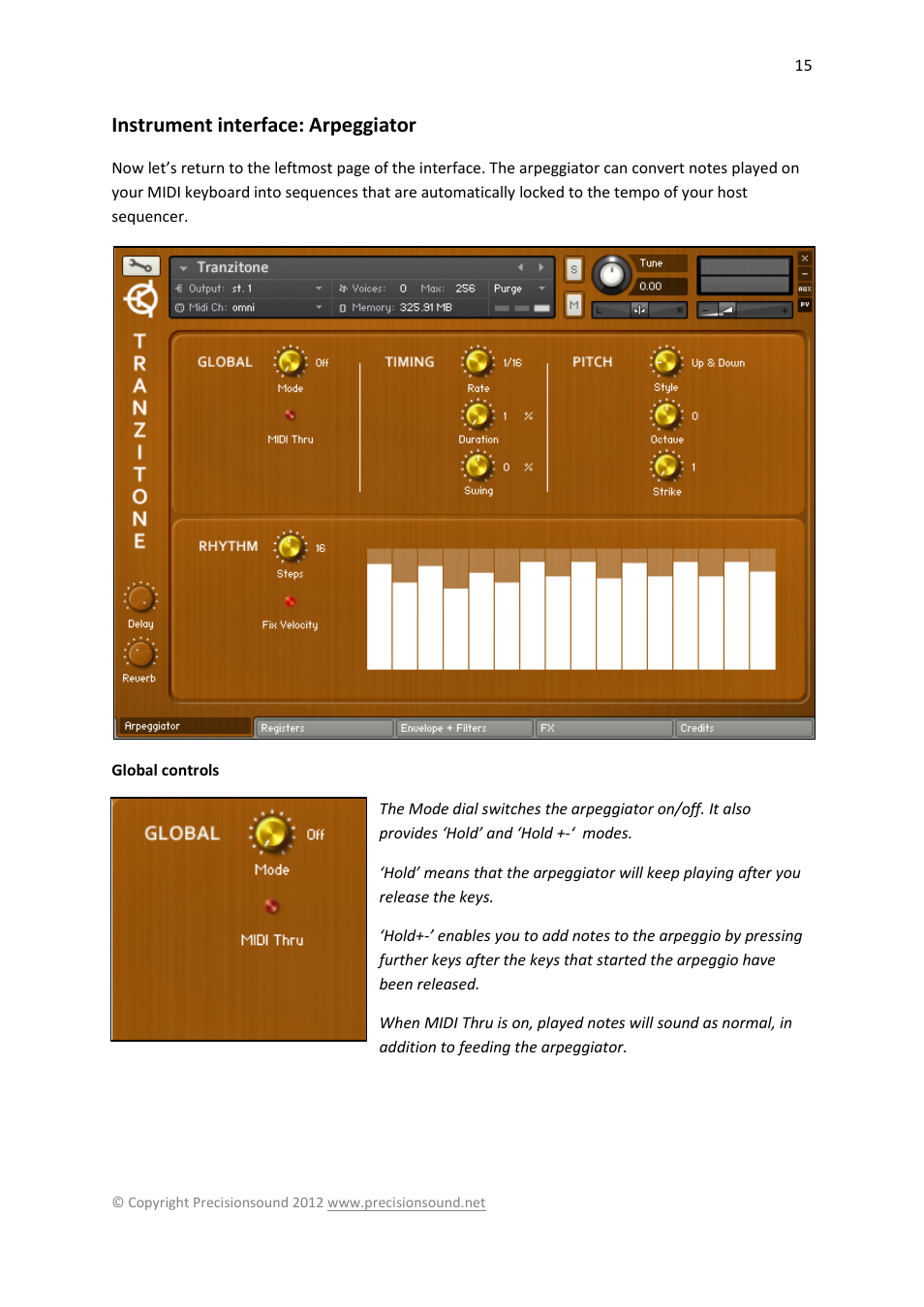 Instrument interface: arpeggiator, Global controls | Precisionsound Tranzitone User Manual | Page 15 / 19