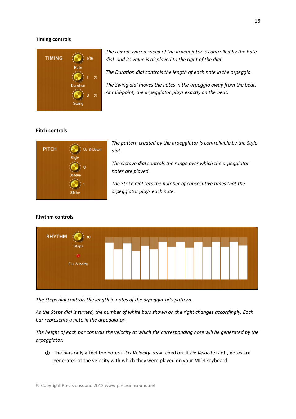 Timing controls, Pitch controls, Rhythm controls | Timing controls pitch controls rhythm controls | Precisionsound Tranzitone User Manual | Page 16 / 19