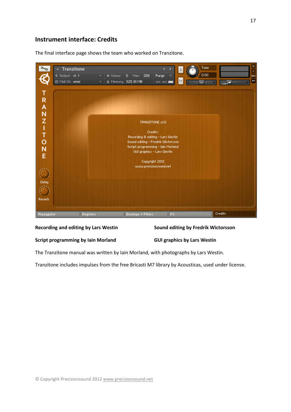 Instrument interface: credits | Precisionsound Tranzitone User Manual | Page 17 / 19
