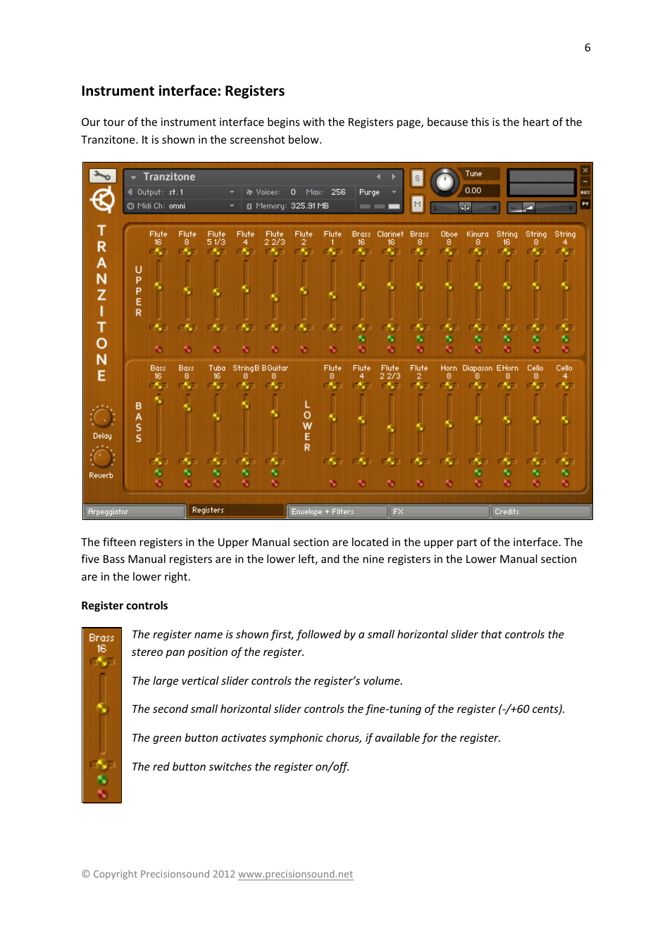 Instrument interface: registers, Register controls | Precisionsound Tranzitone User Manual | Page 6 / 19