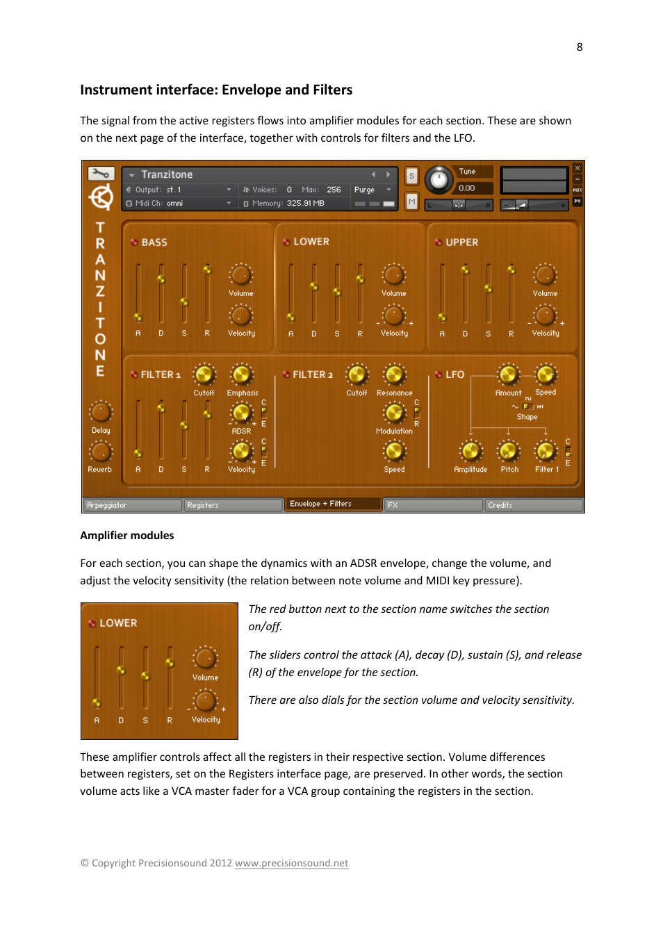 Instrument interface: envelope and filters, Amplifier modules | Precisionsound Tranzitone User Manual | Page 8 / 19