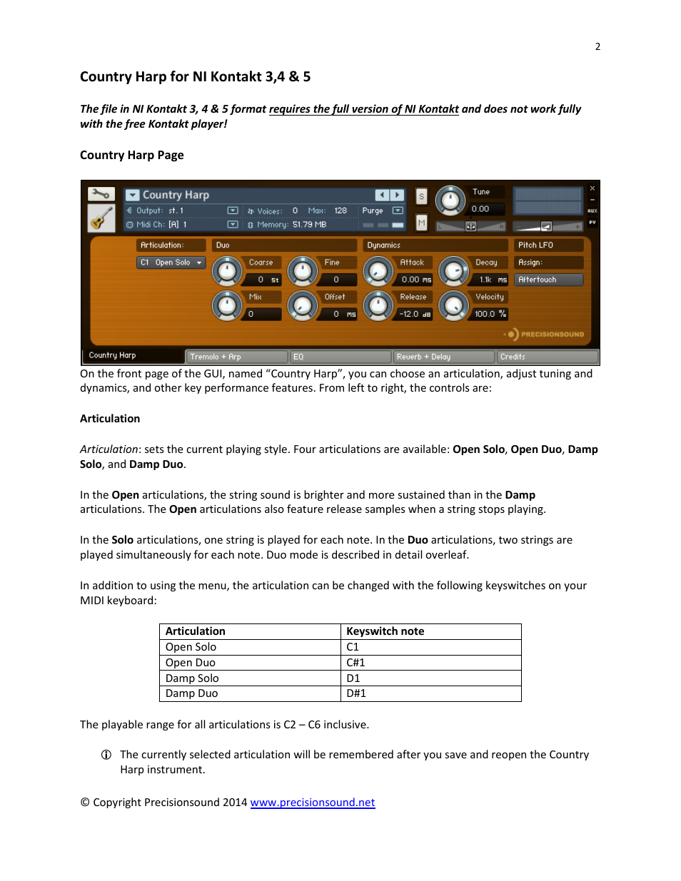 Country harp for ni kontakt 3,4 & 5 | Precisionsound Country Harp User Manual | Page 2 / 10