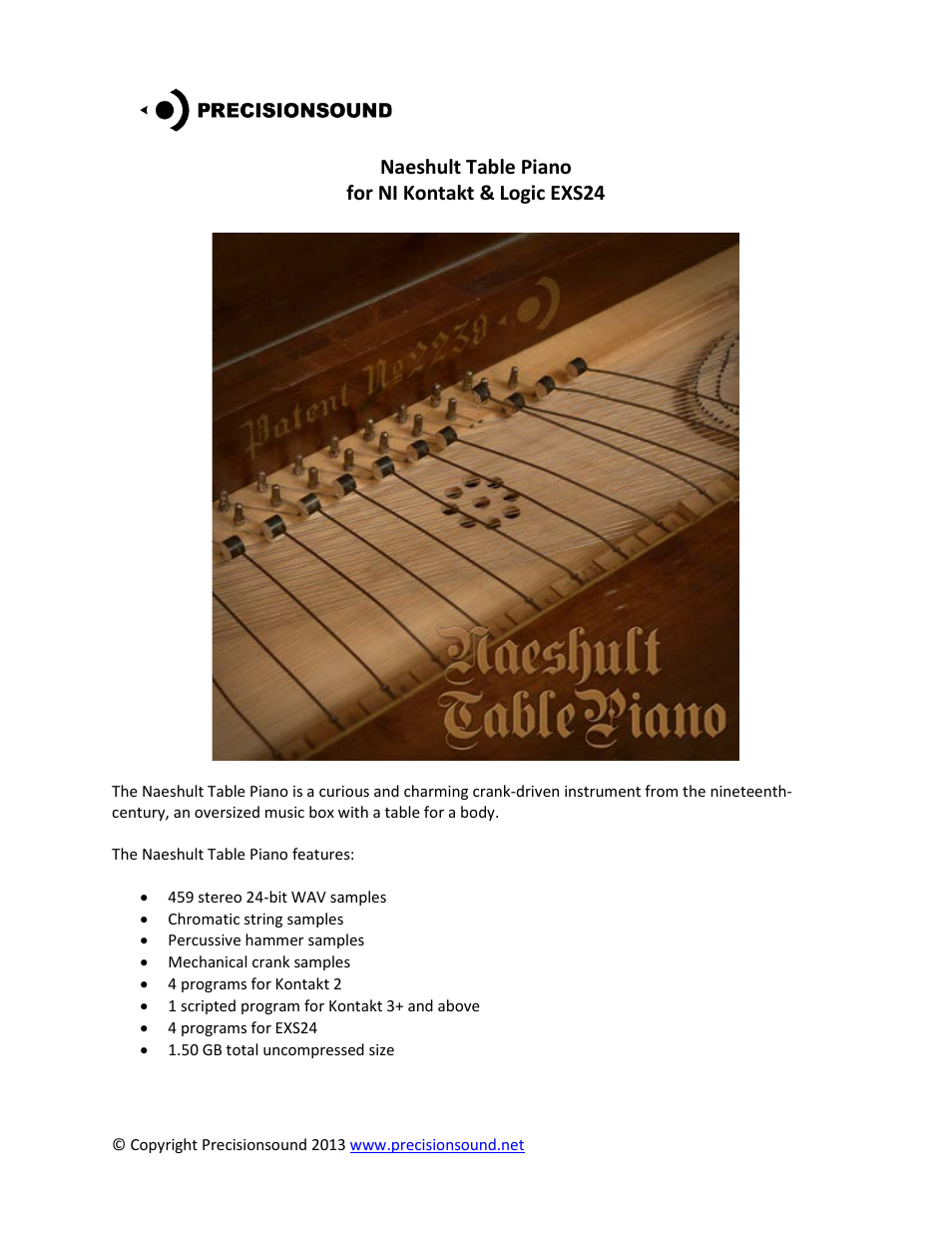 Precisionsound Naeshult Table Piano User Manual | 10 pages