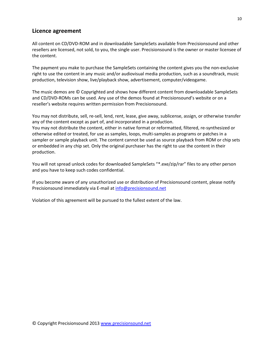 Licence agreement | Precisionsound Naeshult Table Piano User Manual | Page 10 / 10