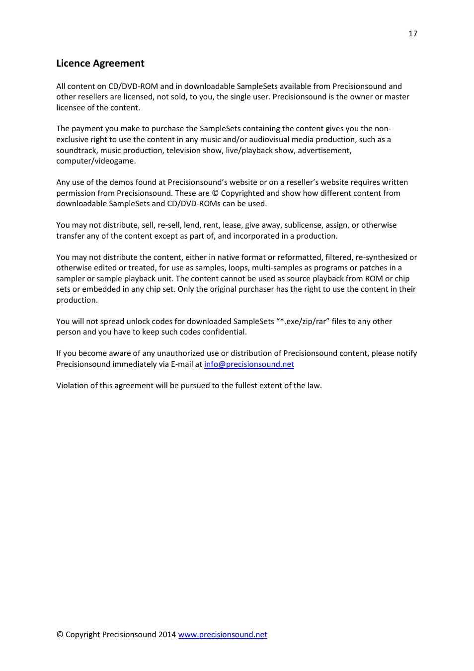 Licence agreement | Precisionsound Jetstream 2 User Manual | Page 17 / 17