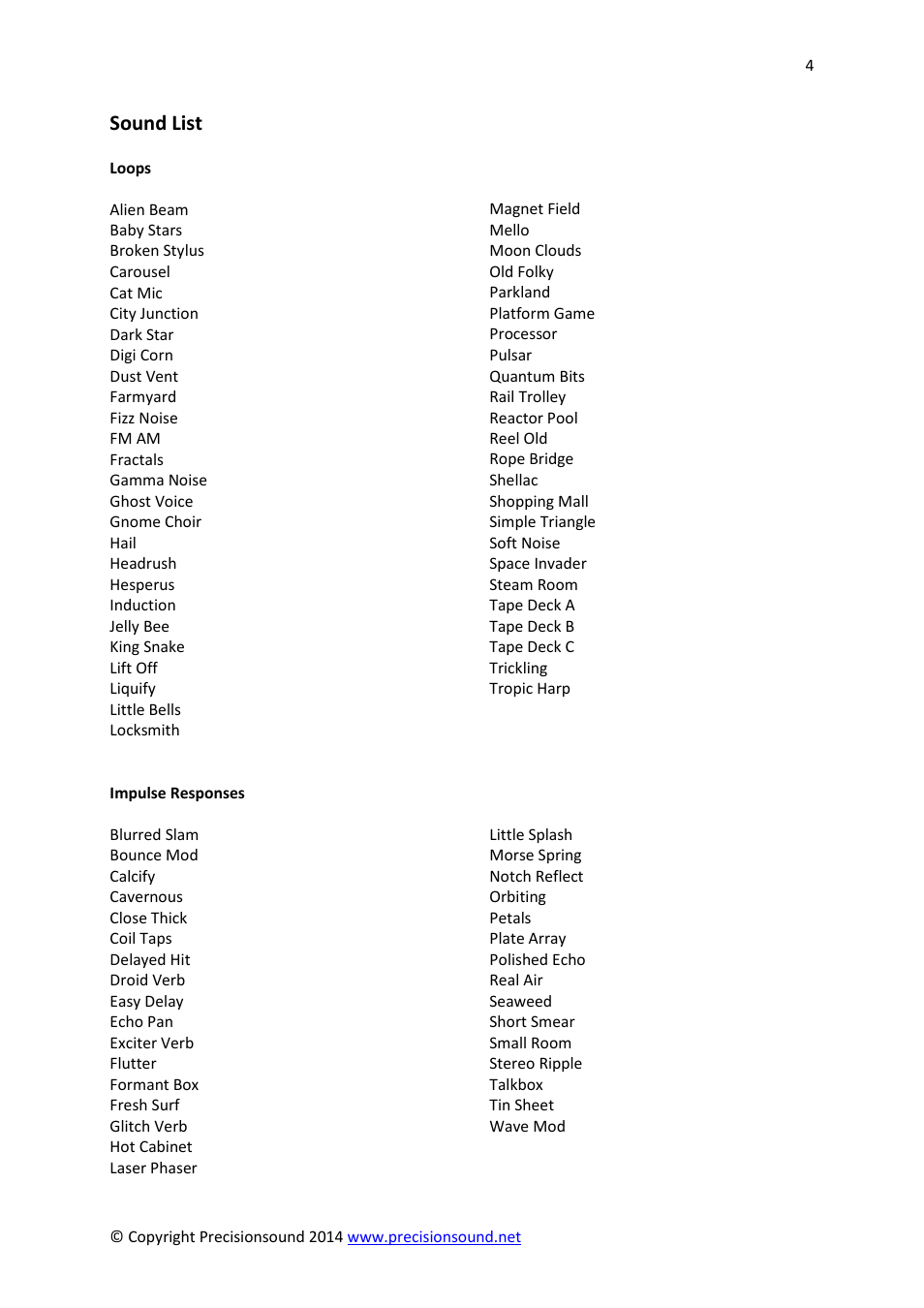 Sound list | Precisionsound Jetstream 2 User Manual | Page 4 / 17