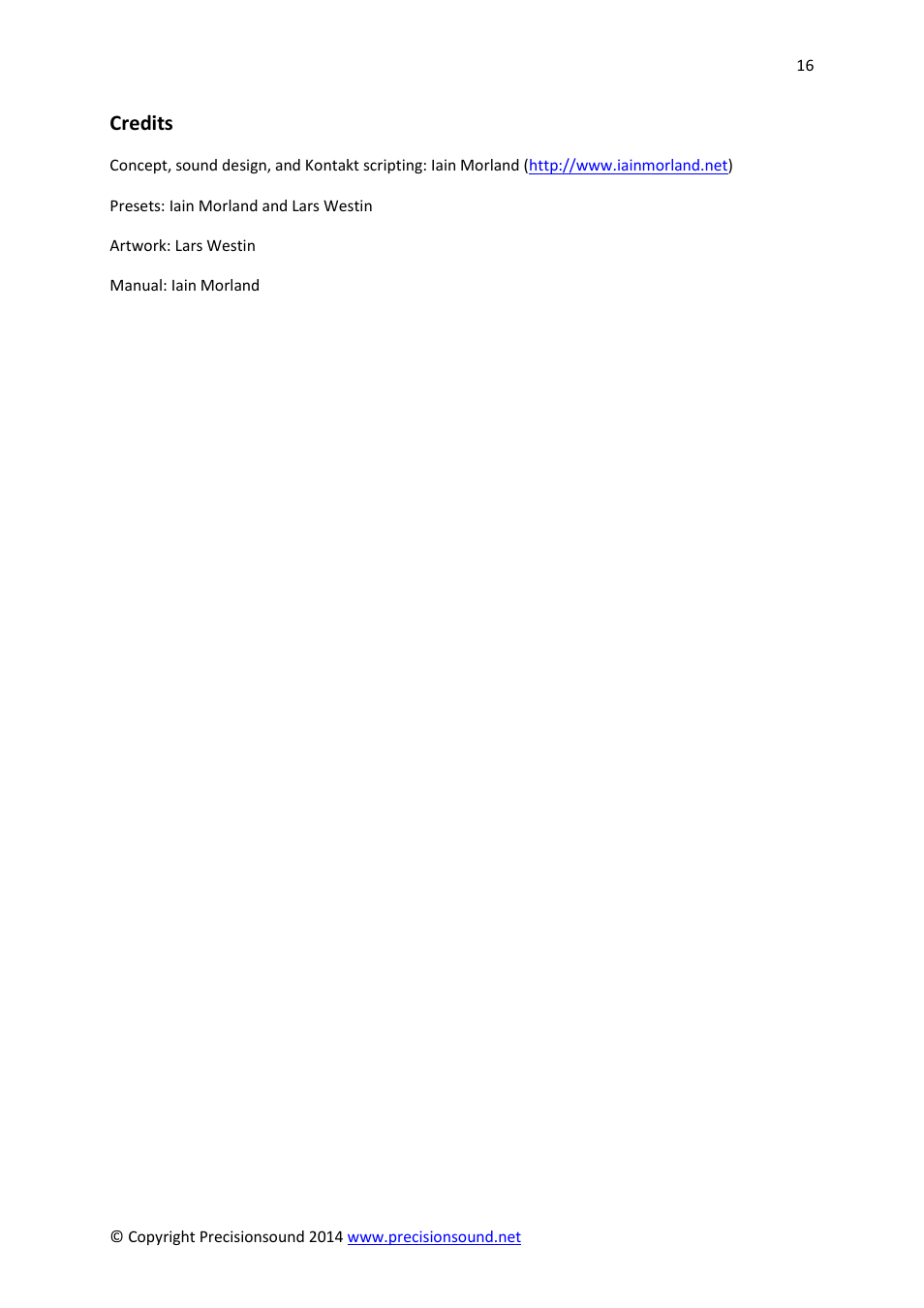 Credits | Precisionsound Jetstream User Manual | Page 16 / 17