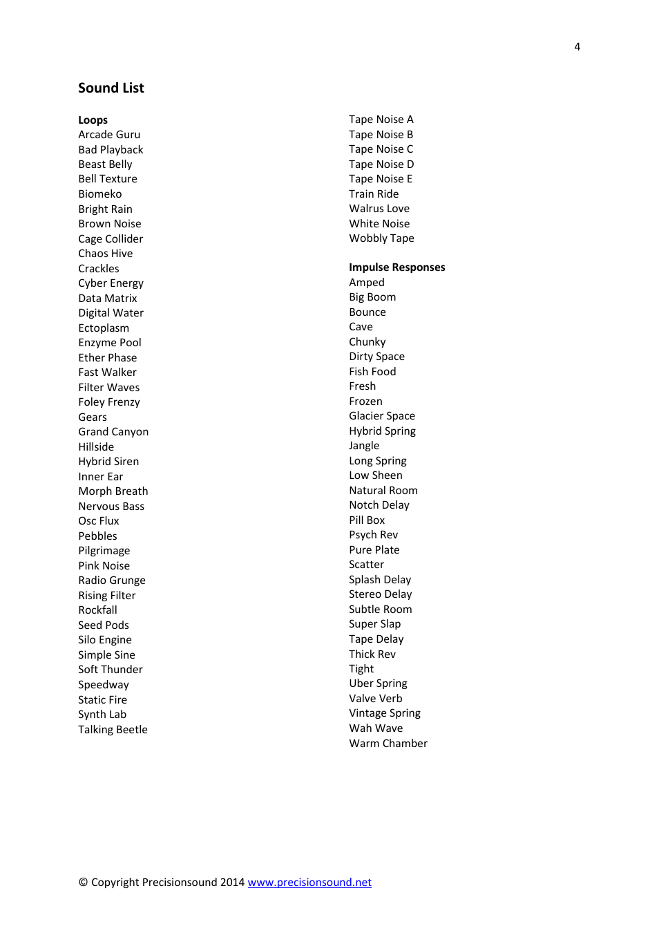 Sound list | Precisionsound Jetstream User Manual | Page 4 / 17