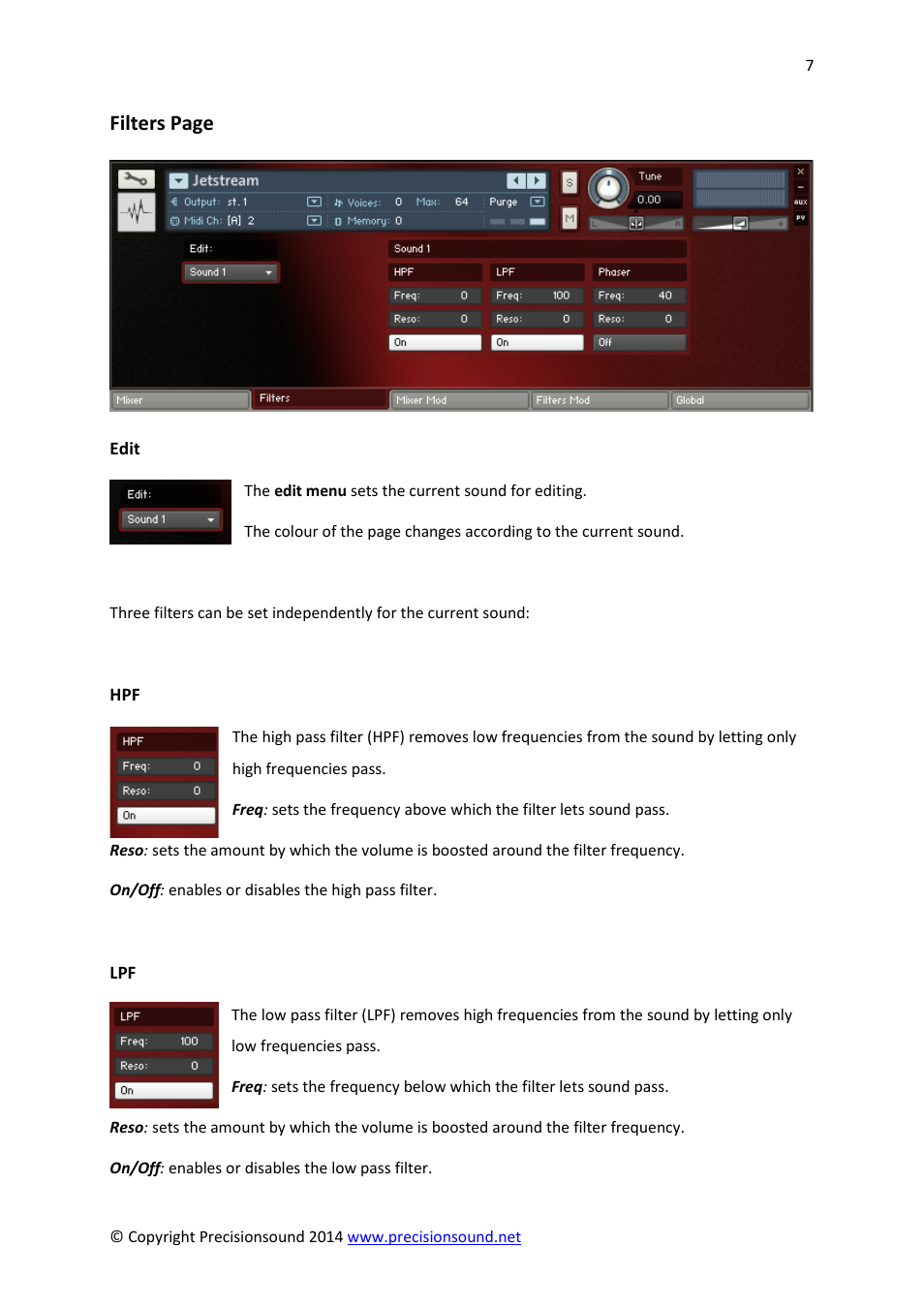 Filters page | Precisionsound Jetstream User Manual | Page 7 / 17