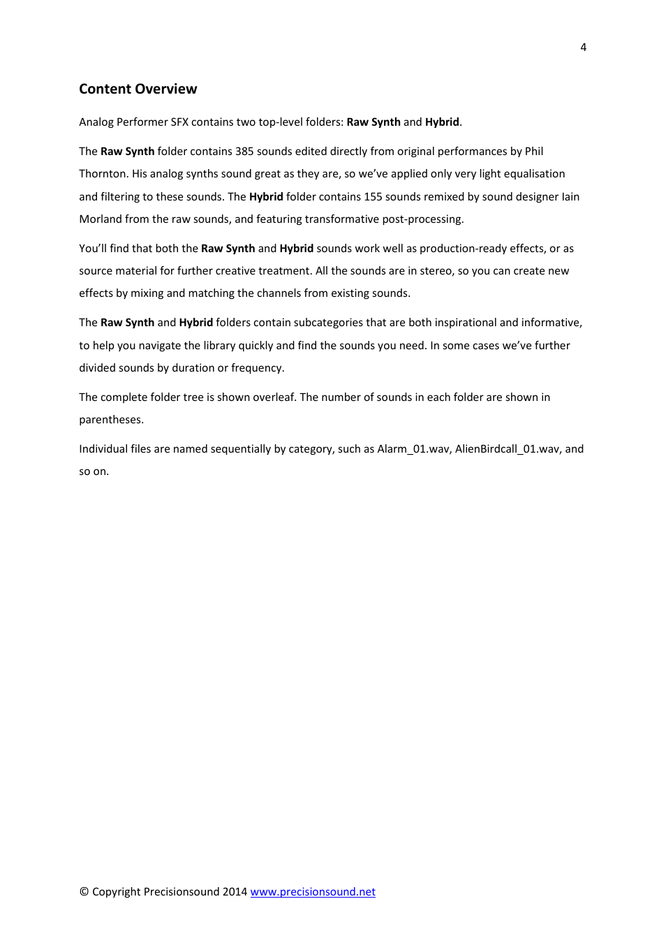 Content overview | Precisionsound Analog Performer SFX User Manual | Page 4 / 10