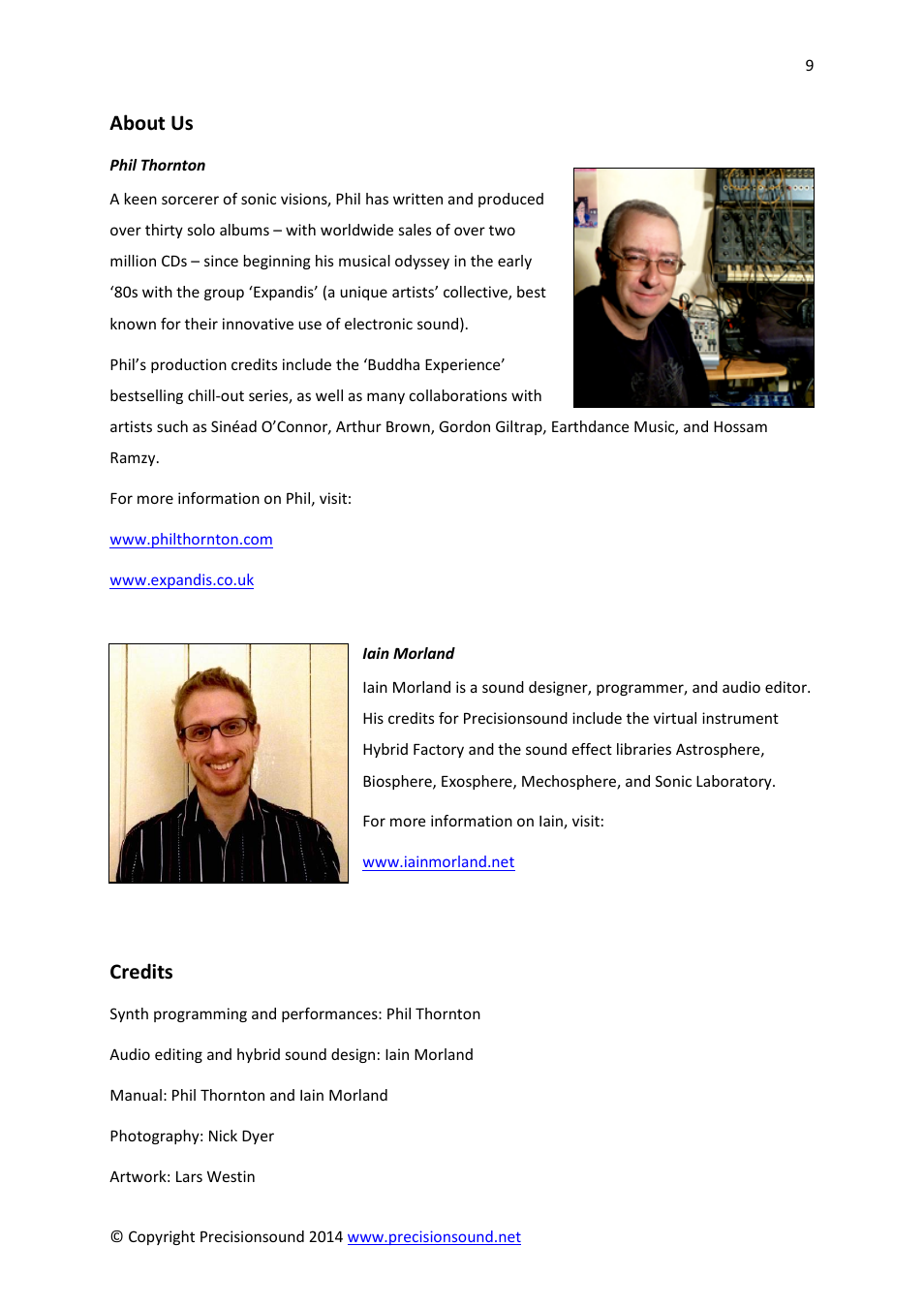 About us, Credits | Precisionsound Analog Performer SFX User Manual | Page 9 / 10