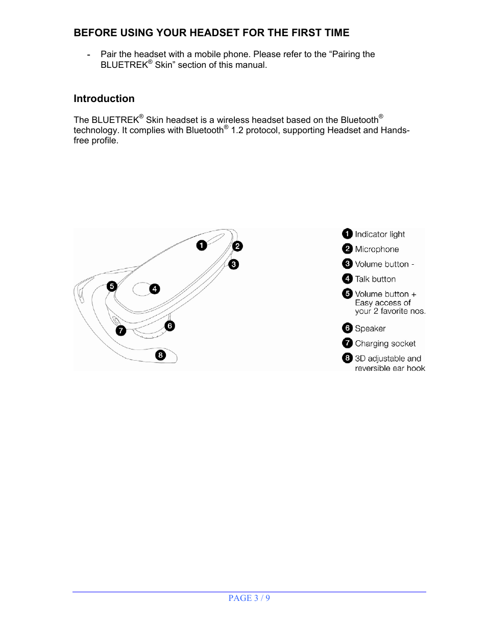 Before using your headset for the first time, Introduction | BlueTrek SKIN User Manual | Page 3 / 9