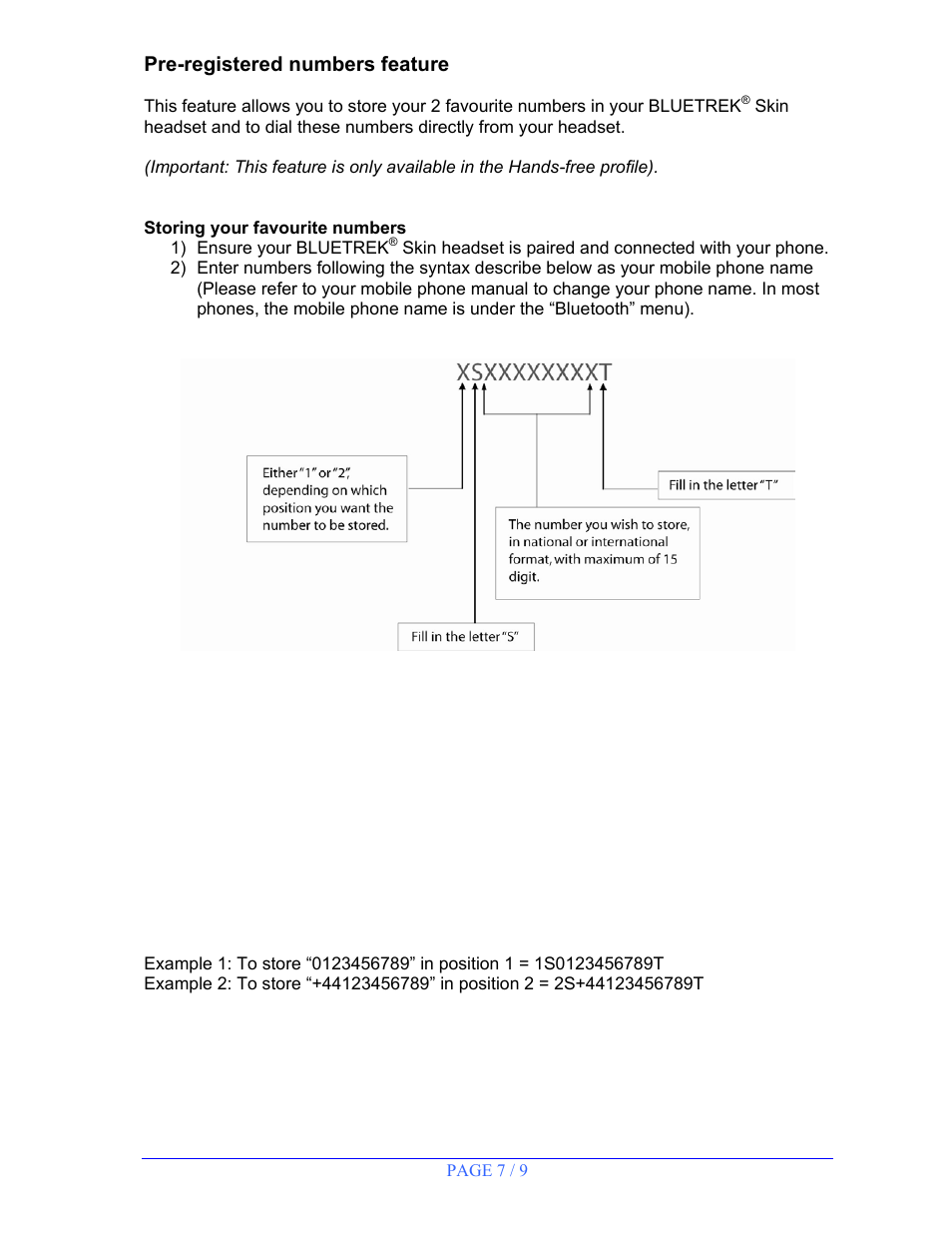 Pre-registered numbers feature | BlueTrek SKIN User Manual | Page 7 / 9
