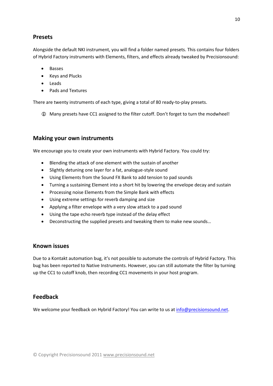 Presets, Making your own instruments, Known issues | Feedback | Precisionsound Hybrid Factory User Manual | Page 10 / 11