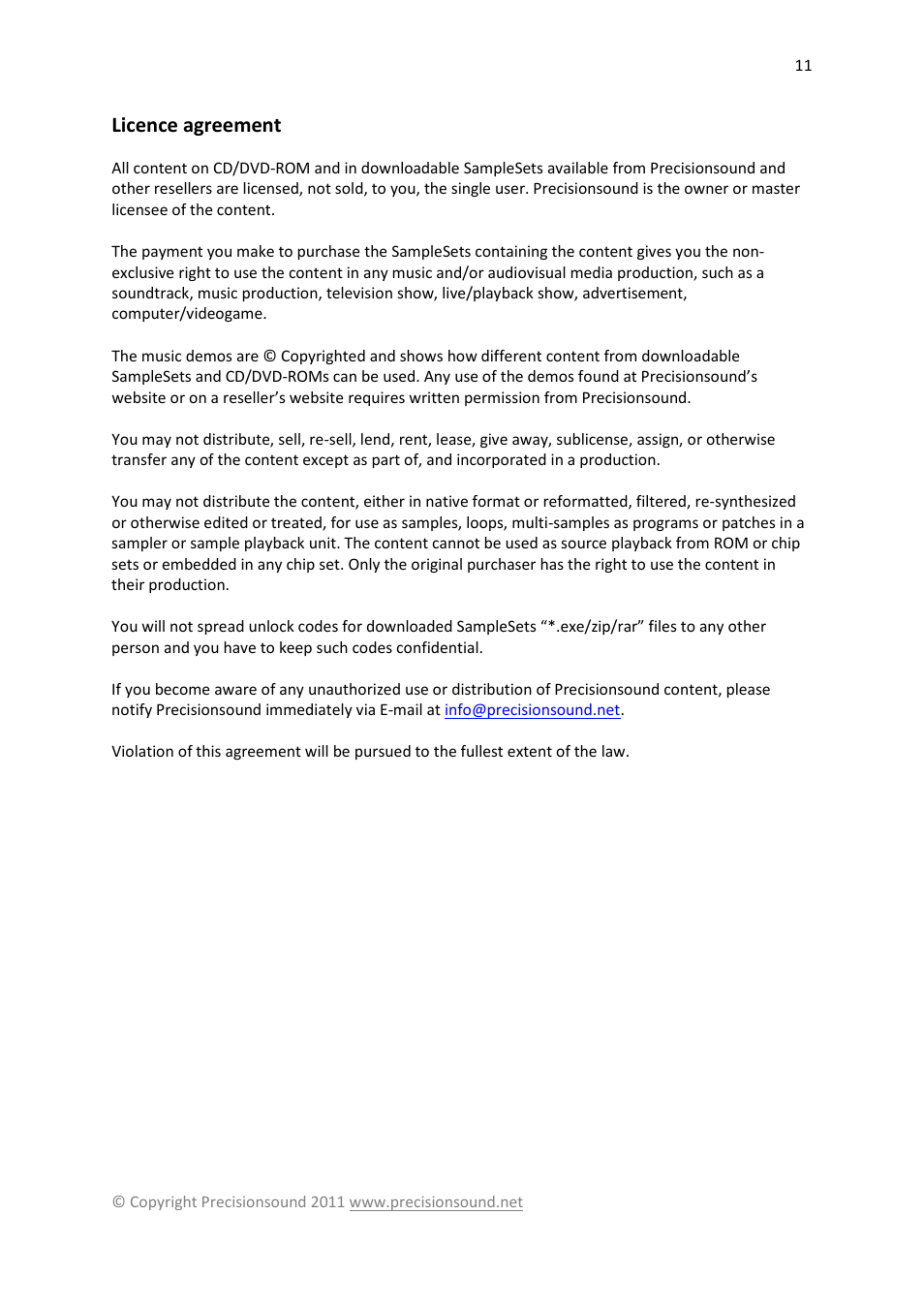 Licence agreement | Precisionsound Hybrid Factory User Manual | Page 11 / 11