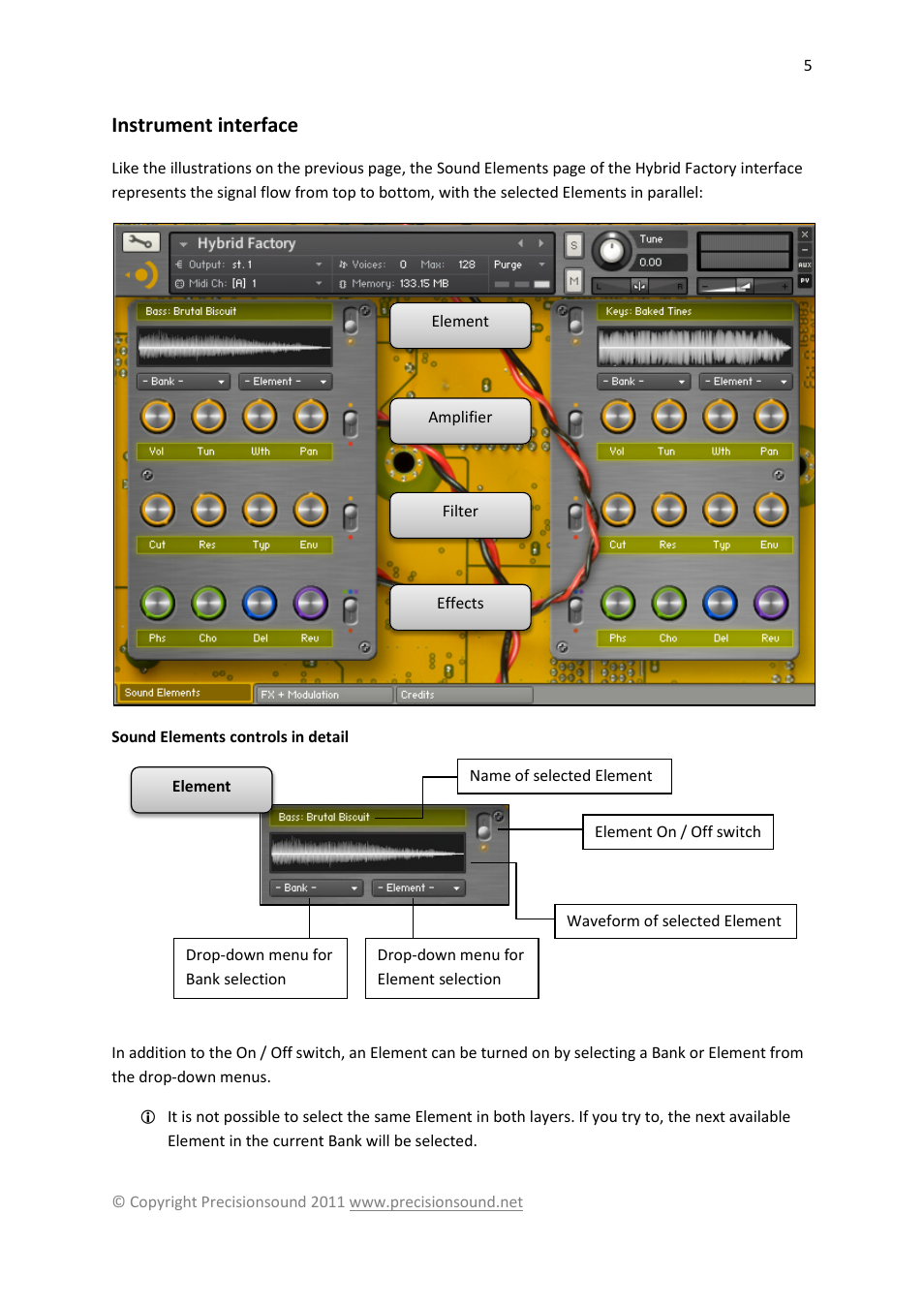 Instrument interface, Sound elements controls in detail | Precisionsound Hybrid Factory User Manual | Page 5 / 11