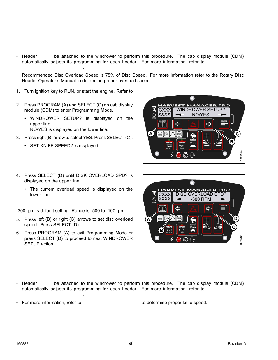 Setting the rotary disc overload speed, Setting the header knife speed | MacDon M205 Operators Manual User Manual | Page 114 / 482